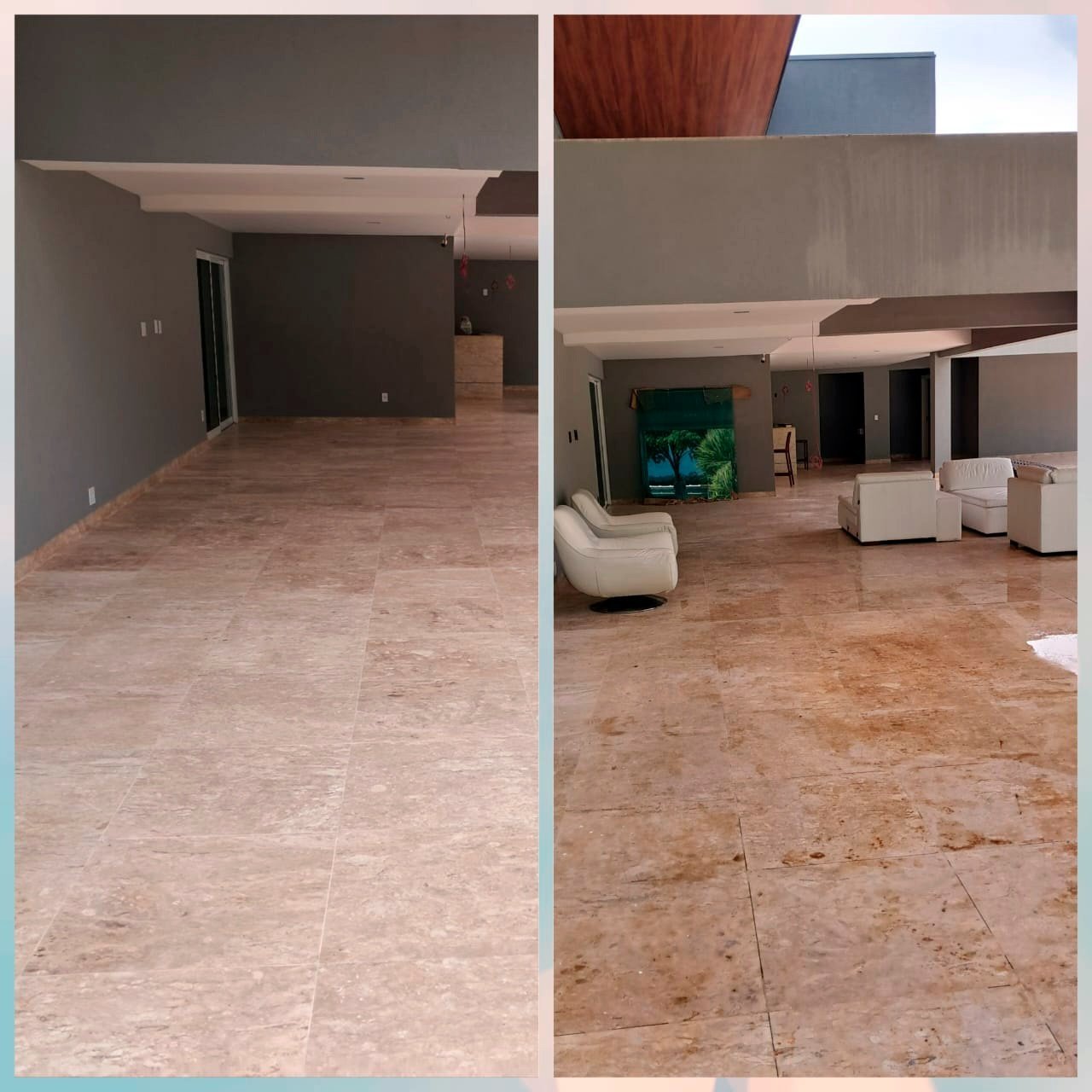 Comparativo de antes e depois da restauração de mármore e granito em residência no Lago Sul